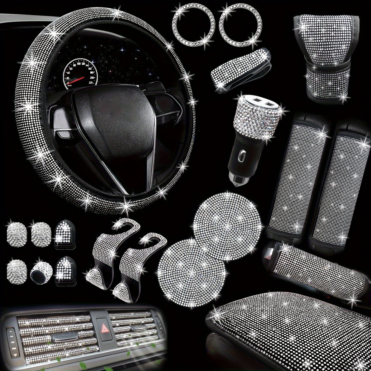 30pcs Bling Car Additions Set for Women, Steering Wheel Covers Universal Fit 15 Inch, Seat Belt Covers, Armrest Cover, Gear Shift Covers