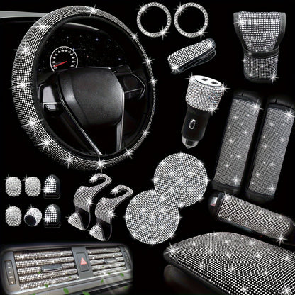 30pcs Bling Car Additions Set for Women, Steering Wheel Covers Universal Fit 15 Inch, Seat Belt Covers, Armrest Cover, Gear Shift Covers