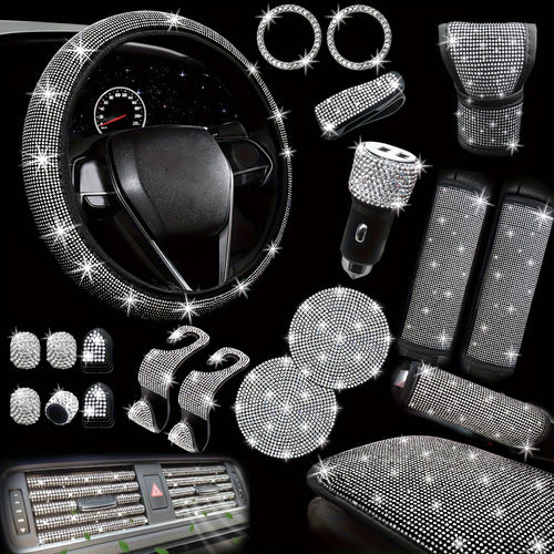 30pcs Bling Car Additions Set for Women, Steering Wheel Covers Universal Fit 15 Inch, Seat Belt Covers, Armrest Cover, Gear Shift Covers