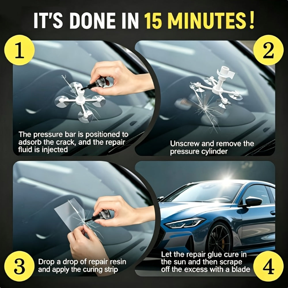 Windshield Repair Kit Nano UV Resin 15-Minute Fix for Bullseye Star Spider Cracks Scratches - DIY Car Glass Crack Repair Fluid with Suction Mount Option