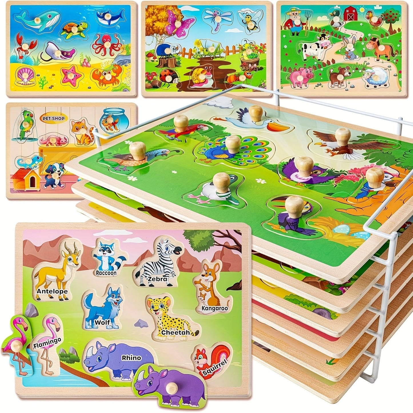 6-in-1 Wooden Toddler Puzzle Set with Storage Rack – Alphabet Number Shape Animal Dinosaur Vehicle Puzzles, STEM Montessori Educational Learning Toy, Gift for Baby Boys Girls Ages 1 2 3