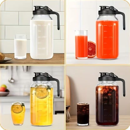 64oz Glass Pitcher with Handle – Leak-Proof Wide Mouth Mason Jar Water Jug, Pour Spout Lid, 2 Quart Portable Canteen for Camping, BBQ, Fridge & Outdoor Entertaining (2-Pack / 3-Pack)