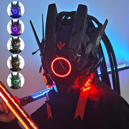 LED Punk Mask with Tubular Braids & Helmet – Futuristic Sci-Fi Mechanical Cosplay Mask for Halloween, Rave Music Festival & Party, Blue Green Pink, Handmade TPU PC Unisex Adult Costume Prop
