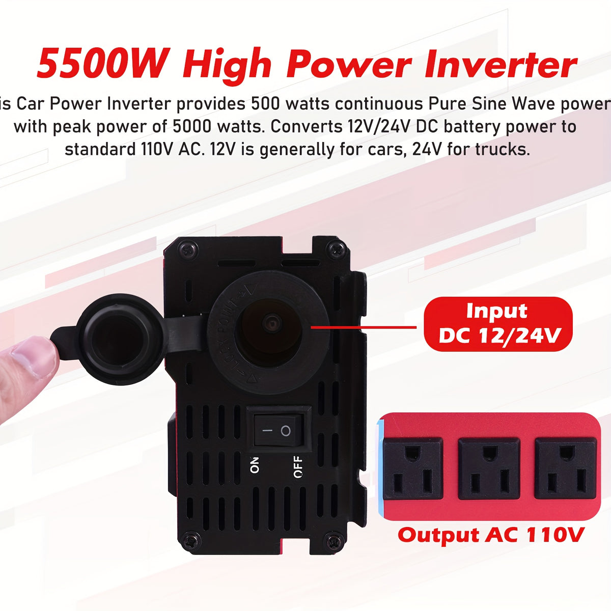 5500W Peak Power Inverter, Car Pure Sine Wave Inverter DC 12V to AC 110V, with LCD Digital Display and 4 USB Ports, 3 US Sockets, Fast Charging for Vehicles Trucks RVs and Outdoor