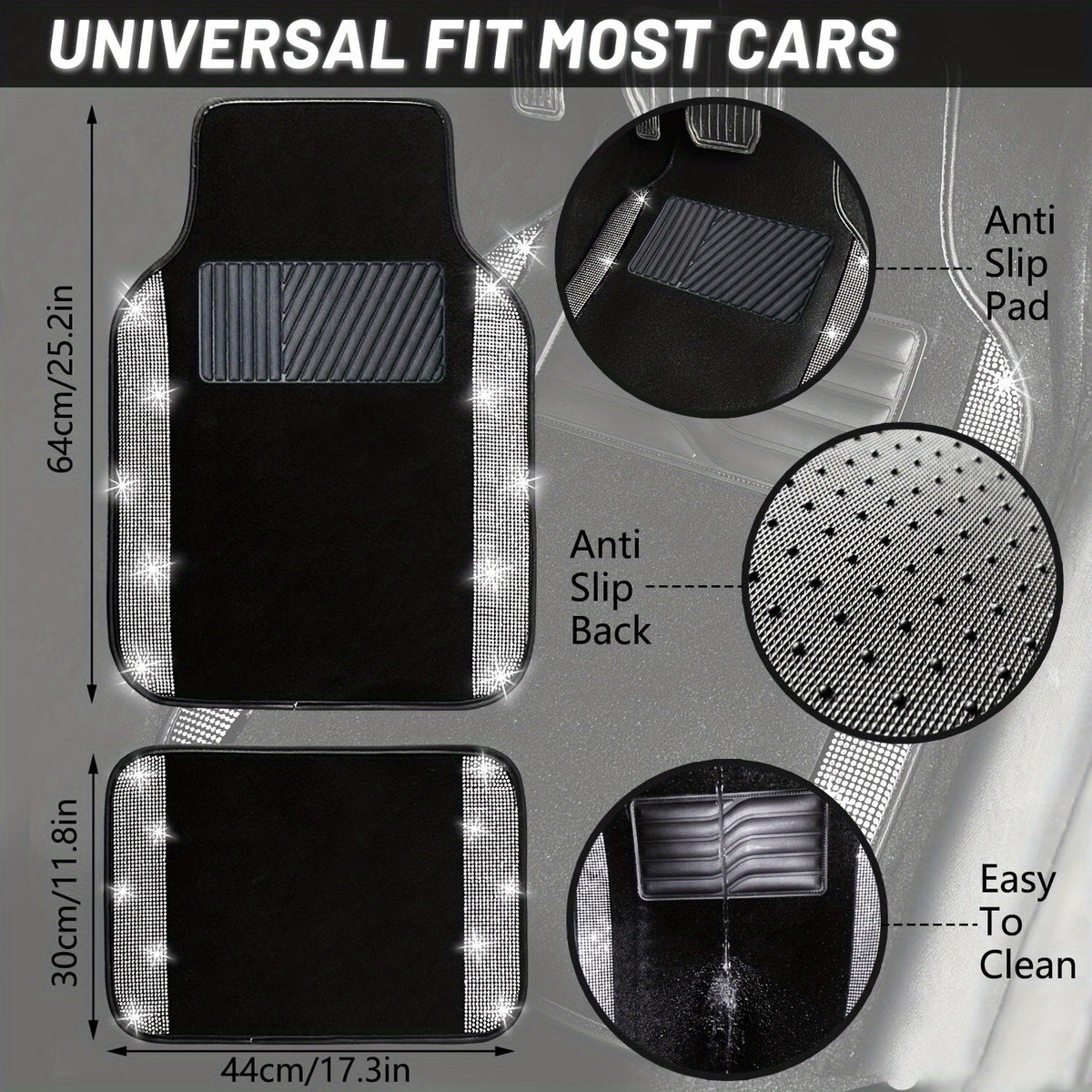 Bling Car Floor Mats Full Set, Universal Fit Most Cars, SUV, Trucks, 4pcs Sparkle Glitter Artificial Diamond Carpet for Women Girls with Anti-Slip Pad