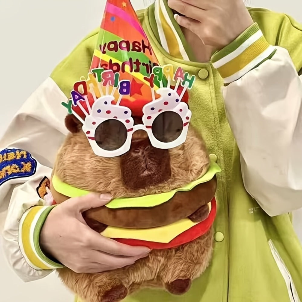 Capybara Plush Stuffed Animal Hamburger Burger Hat Funny Kawaii Soft Plush Toy Couch Pillow Doll Unique Meme Gift for Kids Teens Adults Birthday Christmas Holiday
