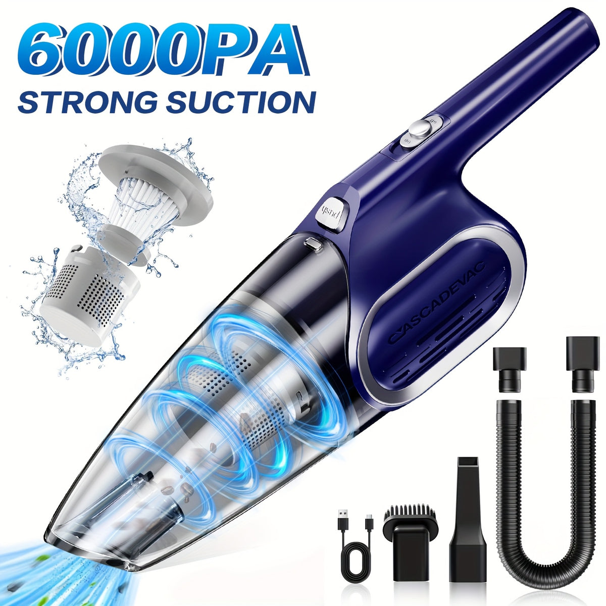 Portable Household Vacuum Cleaner, With 6000PA Powerful Suction Force, Low Noise, Dual Filtration. Household Vacuum Cleaner, Mini Vacuum Cleaner, Suitable For Cleaning Inside Cars, Pet Hair, Kitchens, Home Cleaning Supplies, Ladies' Car Accessories.