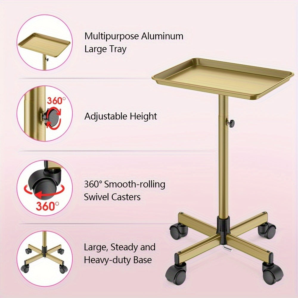 6-Color Premium Aluminum Salon Rolling Tray on Wheels — Adjustable Height Hairdresser Cart, Tattoo Tray, Spa Service Trolley for Nail Tech, Barber & Beauty Studio