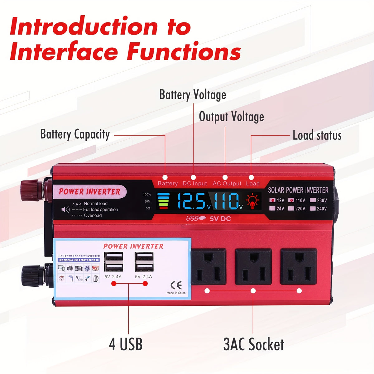 5500W Peak Power Inverter, Car Pure Sine Wave Inverter DC 12V to AC 110V, with LCD Digital Display And 4 USB Ports, 3 US Sockets, Fast Charging for Vehicles Trucks Rvs And Outdoor, Without Battery