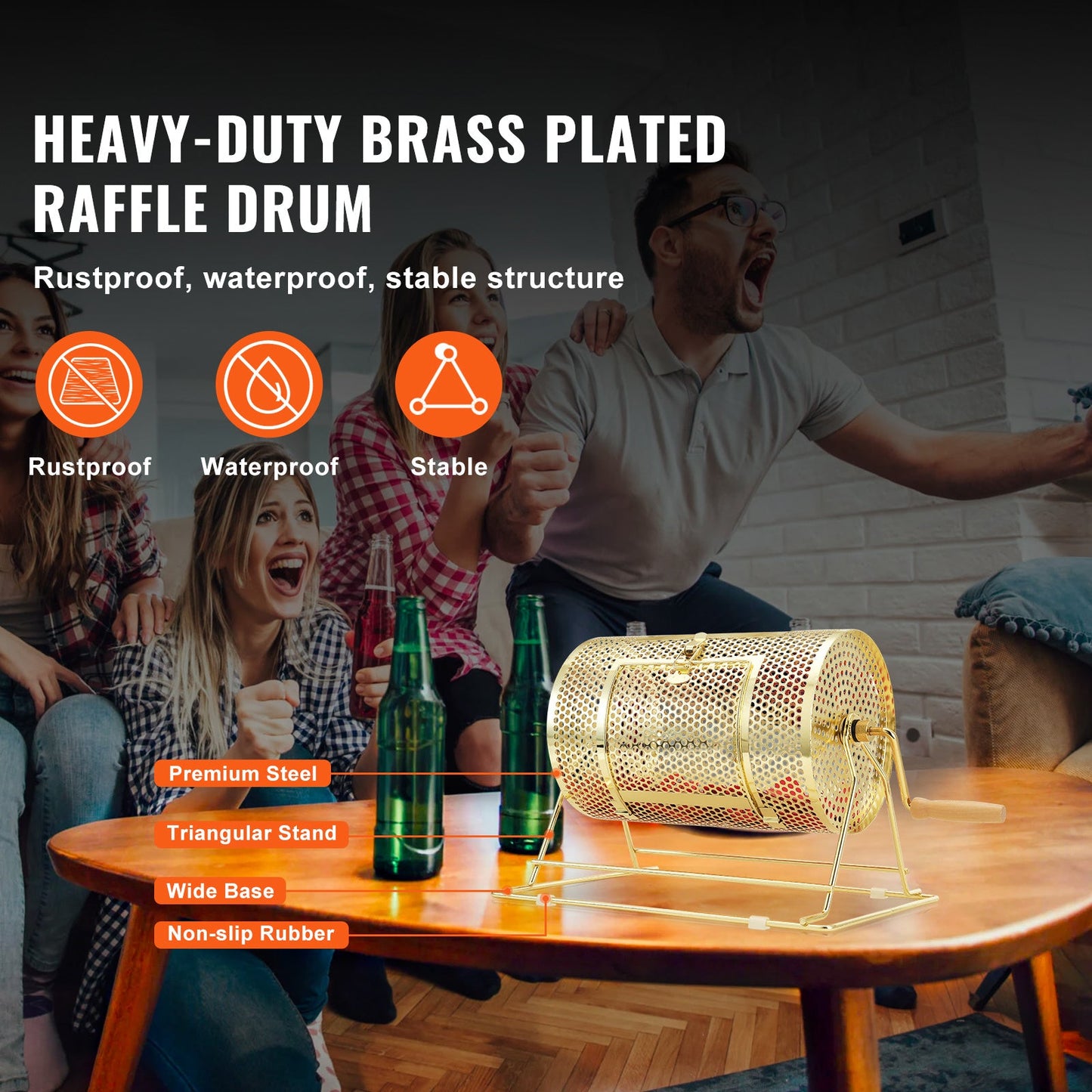 Raffle Drum Spinning Cage 12 Inch – Brass Plated Metal Lottery Ticket Drum with Wooden Handle, Holds 2500 Tickets or 100 Ping Pong Balls, for Bingo Ballot Party Events Fundraisers Trade Shows