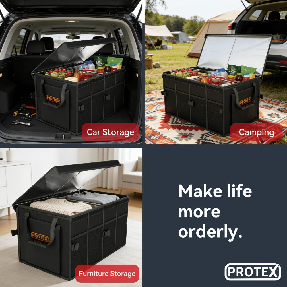 PROTEX Multifunctional Car Trunk Ice Pack (70 Liters) - Foldable with Lid, Cold And Heat Insulation, Large Capacity Organizer - Black Gray