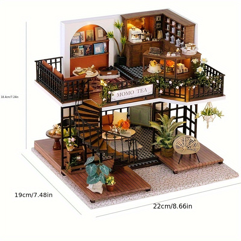3D Wooden Miniature House Puzzle Model Kit Jungle Momo Tea – Handmade Retro DIY Craft No Glue No Battery Scene Building for Adults Teens Birthday Christmas Valentine Gift for Her