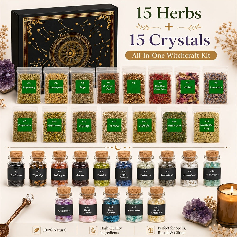 60pcs Witchcraft Supplies Kit for Beginners – Wiccan Supplies & Tools with Crystals, Candles, Witch Altar Spell Set for Rituals & Energy Cleansing, Dried Flowers, Witchy Gift Box for Women Halloween