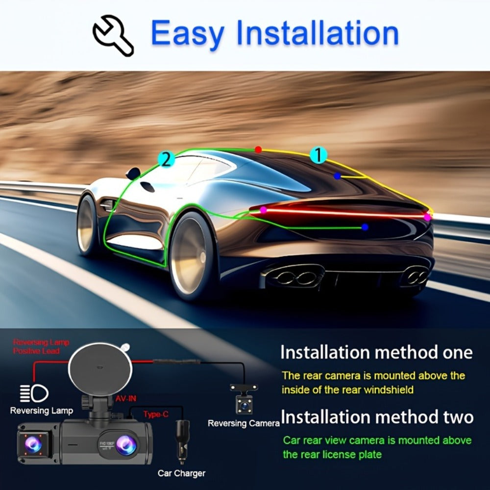 Dash Cam 3-Channel Front Inside Rear – 1080P 170° Wide Angle WiFi Night Vision Loop Recording G-Sensor with 2" IPS Screen & 32GB Card