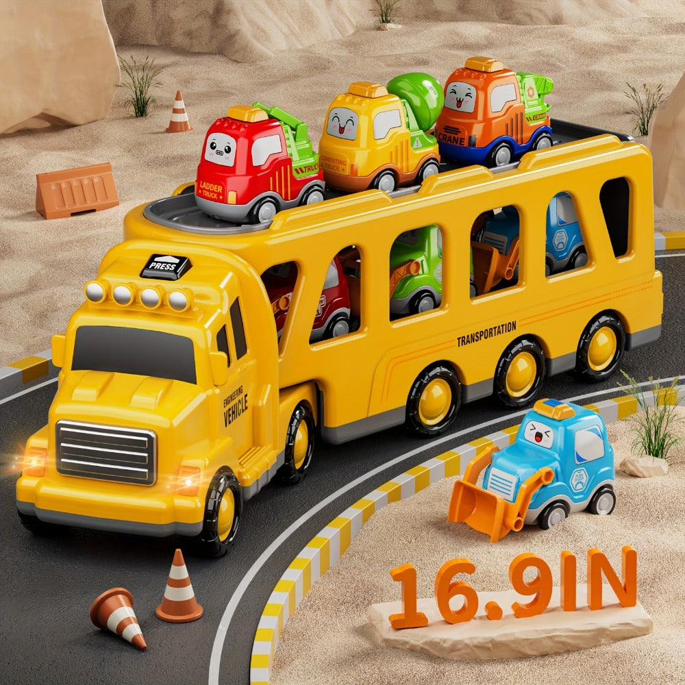Transport Construction Truck Toy for Boys – 16.9 Inch Large Carrier Truck with 6 Cars, Lights & Sounds, Push & Go Vehicle Playset for Kids Toddlers, Birthday Christmas Gift for Boys Girls
