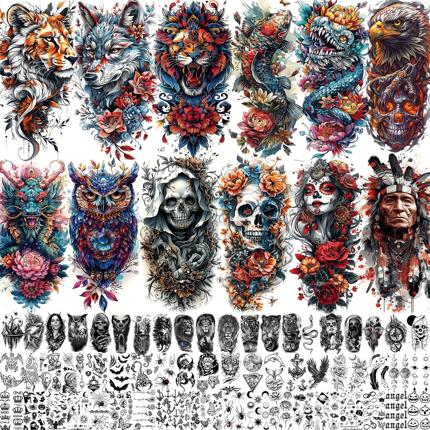 Temporary Tattoos for Adults 71 Sheets Waterproof Long Lasting Old School Gothic Punk Chicano Tiger Wolf Lion Dragon Skull Floral Body Art for Halloween Parties Festivals Costumes