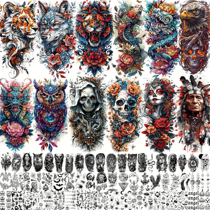 Temporary Tattoos for Adults 71 Sheets Waterproof Long Lasting Old School Gothic Punk Chicano Tiger Wolf Lion Dragon Skull Floral Body Art for Halloween Parties Festivals Costumes