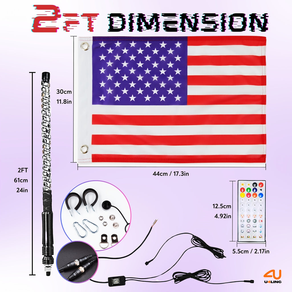1 Pair (2pcs) 1ft/2ft/3ft/4ft Brighter RGB LED Whip Lights Flag Pole Remote And APP Control Color Changing Lamp Spiral RGB Music Chasing/Dancing Neon Light Whips for UTV ATV RZR SXS Side By Side Dune Buggy Offroad Truck (w/o Spring Base)