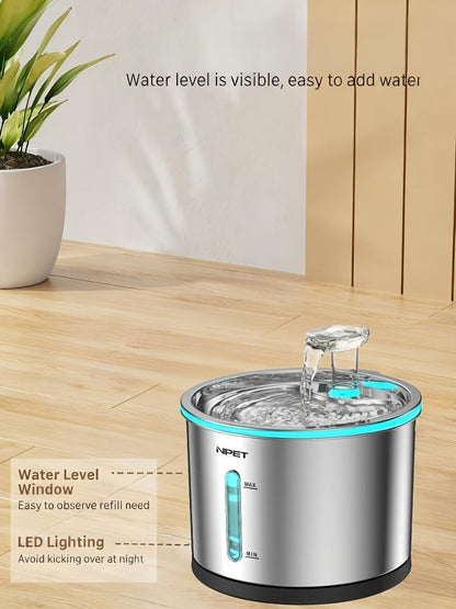 Cat Water Fountain Stainless Steel 50oz/1.5L - Ultra Quiet Auto Pet Water Dispenser with LED Light, Visible Window & Dishwasher Safe - Includes Replacement Filters for Cats & Dogs Indoor