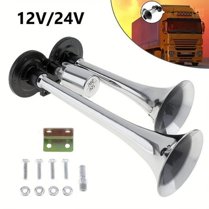Dual Air Horn Kit 12V/24V 105-137dB with Air Compressor - Super Loud Aluminum Alloy Trumpet Horn for Truck, Train, SUV, Motorcycle, Car & Boat, Universal Electric Horn Easy Install