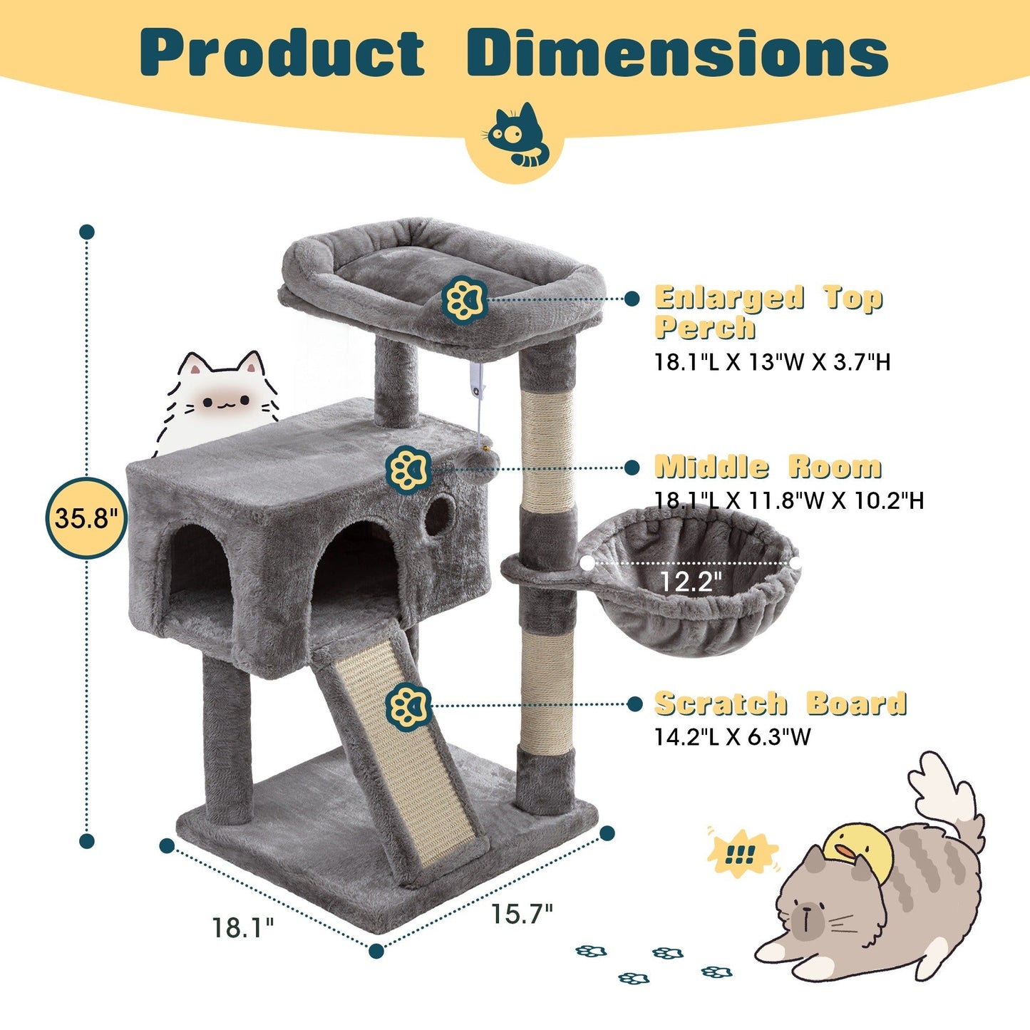 Cat Tree Tower Multi-Level for Indoor Cats - Cat Furniture with Sisal Scratching Posts, Plush Perches, Hammock, Basket & Corner Condo Cave, Hanging Toys & Climbing Ramp, Multiple Sizes & Colors