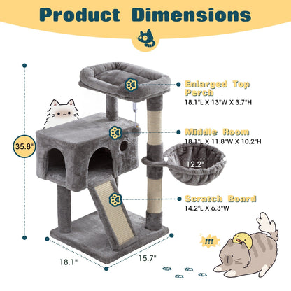 Cat Tree Tower Multi-Level for Indoor Cats - Cat Furniture with Sisal Scratching Posts, Plush Perches, Hammock, Basket & Corner Condo Cave, Hanging Toys & Climbing Ramp, Multiple Sizes & Colors