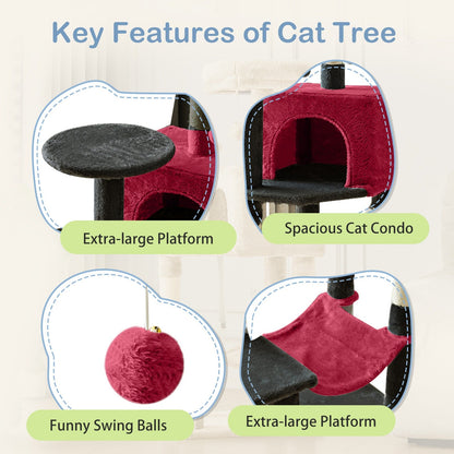 44-Inch Cat Tree Tower with Condo & Hammock - Multi-Level Indoor Cat Tree with Natural Sisal Scratching Posts, Perches & Pet House for Cats & Kittens, Stable Cat Climbing Tower, 5 Colors
