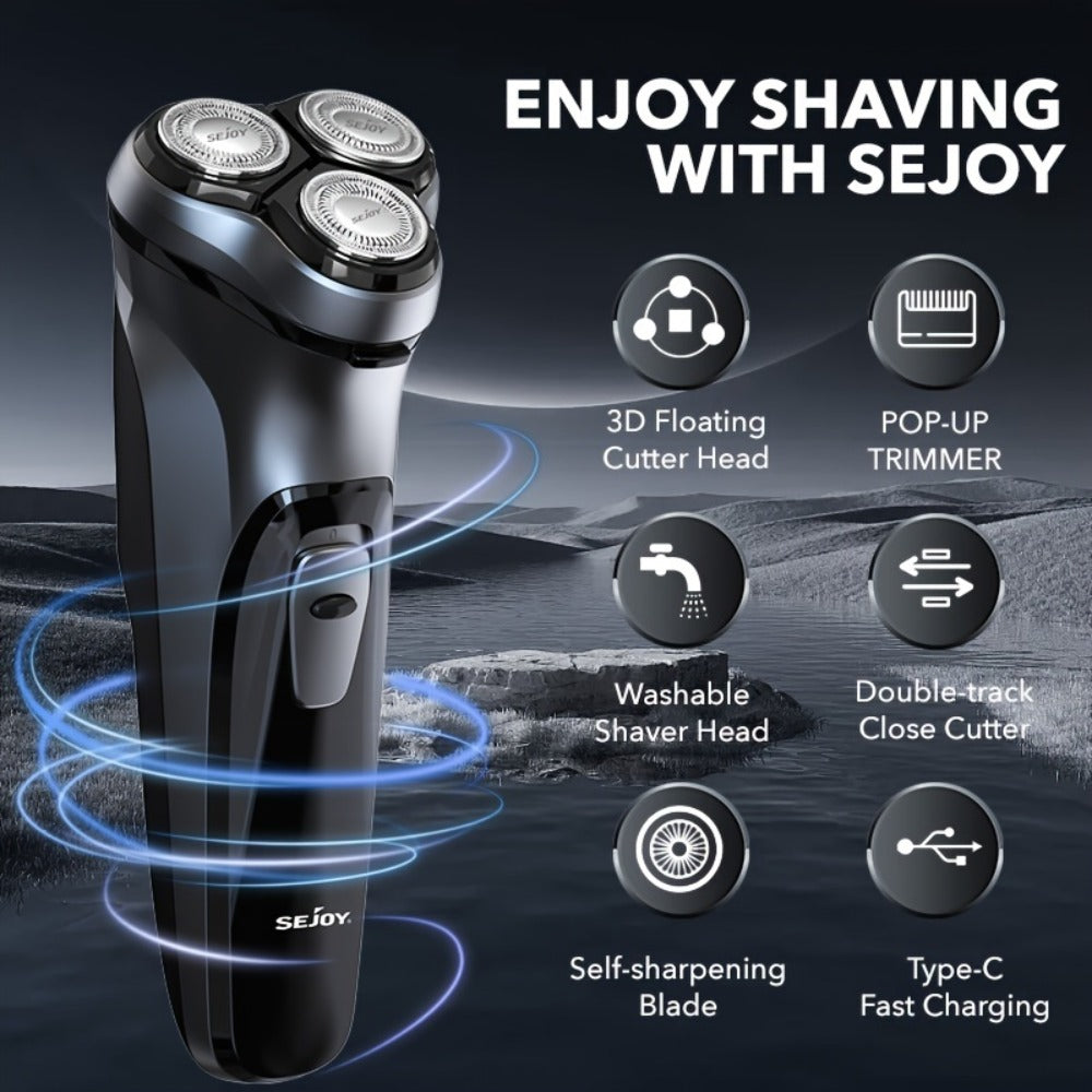 Electric Shaver Men 3D Floating Rotary Head Rechargeable Razor – Pop-Up Trimmer 1-Hour Fast Charge LCD Display, Wet Dry Shaving Machine Replaceable Cutter Head for Home & Travel Daily Grooming