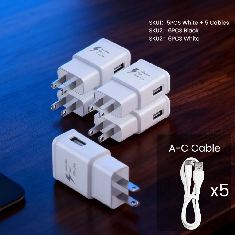 USB Wall Charger Compatible with Samsung Galaxy S25 S24 S23 S22 S21 S20 S10 S9 S8 S7 Note 10 - Adaptive 5V 2A Fast Charging, Bulk Pack 5pcs & 6pcs with Cables, White & Black Options