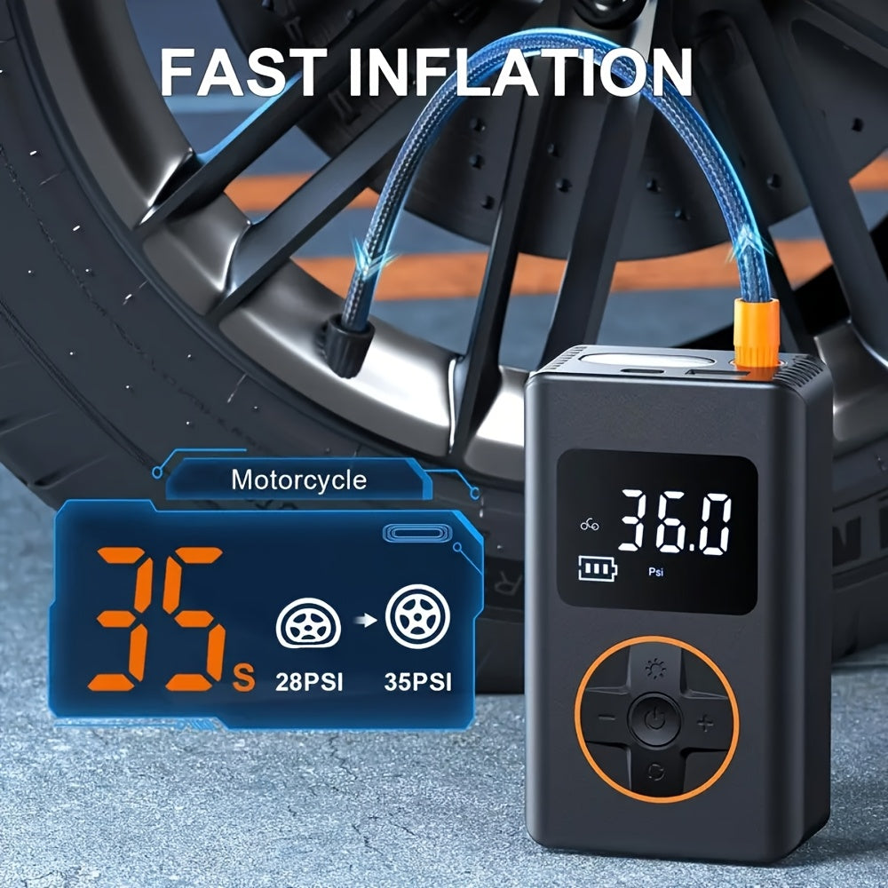 Portable Air Compressor for Tire Inflation Featuring an Automatic Shut-Off, Capable of 150PSI. This Car Tire Pump Comes with a Digital Pressure Gauge And LED Light, Powered by a Rechargeable Lithium Battery, And Is Ideal for Car Tires, Motorcycles