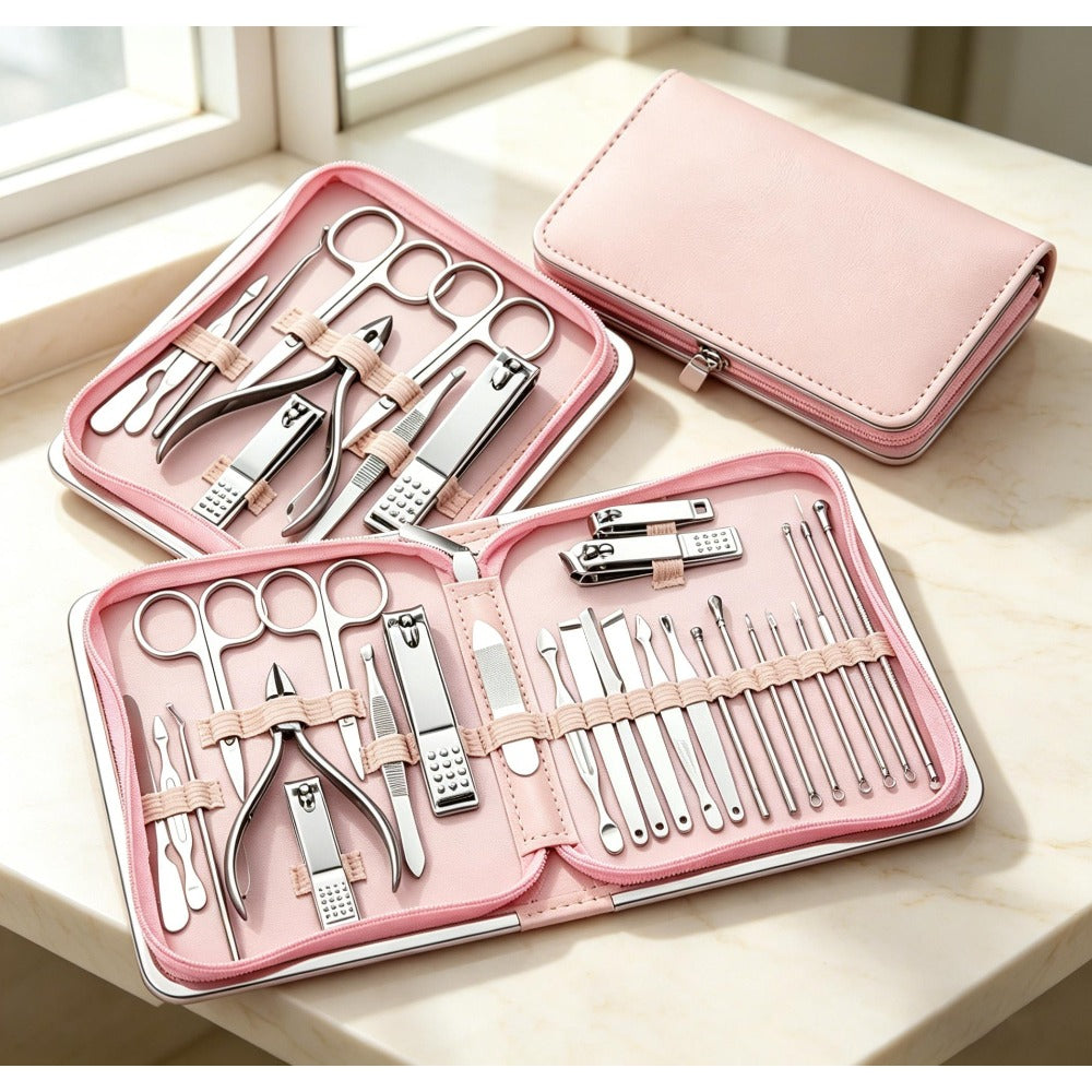 Manicure Pedicure Set 26pcs Pink Stainless Steel – Precision Nail Clippers Cuticle Nipper & Dead Skin Scissors 45° Blade Professional Grooming Kit for Women & Men, Elegant Gift Set Birthday Holiday