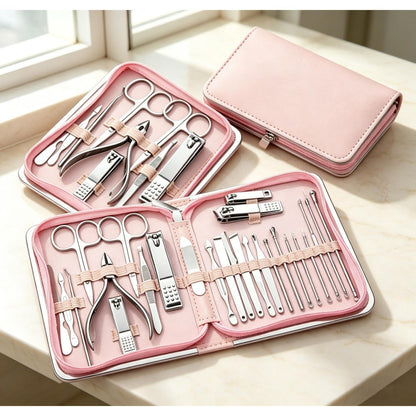 Manicure Pedicure Set 26pcs Pink Stainless Steel – Precision Nail Clippers Cuticle Nipper & Dead Skin Scissors 45° Blade Professional Grooming Kit for Women & Men, Elegant Gift Set Birthday Holiday