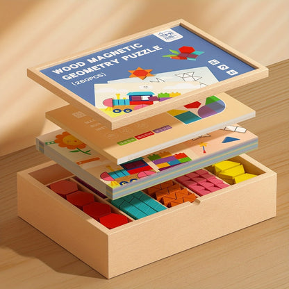 Magnetic Wooden Puzzle Board for Kids – 128/180/220/280 PCS Geometric Shape Recognition & Logical Thinking Toy, STEM Montessori Educational Gift for Boys & Girls Ages 3 4 5 6 7 8
