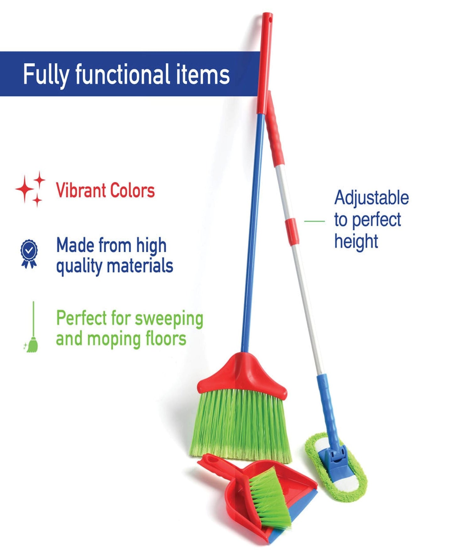 Kids Cleaning Set 4 Piece Toy Broom Mop Brush Dustpan – Pretend Play Housekeeping Kit for Toddlers Boys Girls | Develops Fine Motor Skills & Responsibility | Best Birthday Christmas Gift Ages 3+