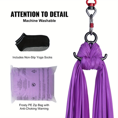 Aerial Yoga Hammock Kit 8.7 Yards – 100GSM Nylon Anti-Gravity Yoga Swing with Full Rigging Hardware, Aerial Silk for All Levels, Home & Studio Aerial Yoga Setup, Light Blue / Golden / Gradient
