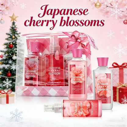 Bath Body Care Gift Set Shower Gel Body Lotion Body Mist Aloe Vera Vitamin E Glycerin Deep Moisturizing Fragrance Set for Women Cherry Blossom Lavender Vanilla Coconut All Skin Types
