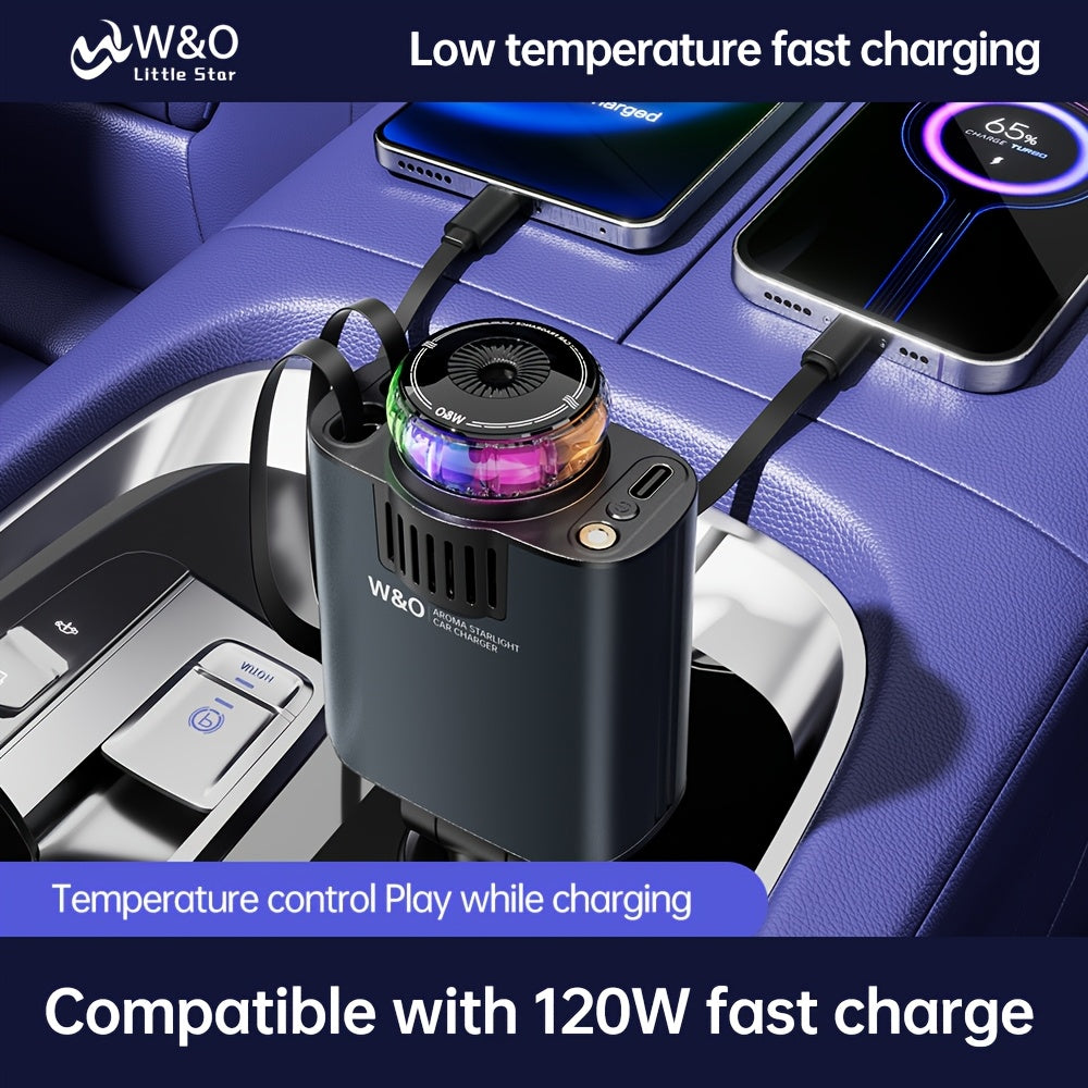 Perfume Is Sold Separately,New Aromatherapy Car Charger,3-in-1 Retractable Car Charger with Starlight Projector, Fast Charging Car Phone Charger with 2.6ft Retractable Cable and USB-C Port, for IPhone17/16 MaxforGalaxy S26/25