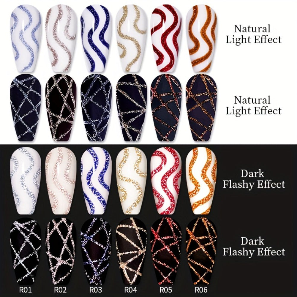 Reflective Glitter Line Gel Nail Polish 9pcs Set – LED Cure Stripe Liner Pull Line Graffiti Sparkling Nail Art Kit for Salon & DIY Home Manicure, 5ml Each Long Lasting Chip Resistant