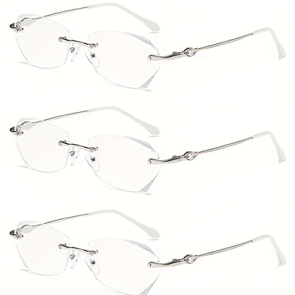 Rimless Reading Glasses for Women 3 Pack - Blue Light Blocking Lightweight Metal Frameless Readers with Anti Eyestrain Lenses, Multiple Colors and Magnifications 1.0X to 4.0X