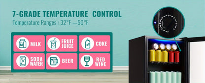 Beverage Refrigerator with Glass Door, Mini Drink Cooler Fridge with Blue LED Light, 3 Adjustable Shelves & R600a Compressor – 1.7 or 3.5 Cu Ft Freestanding Bar Fridge for Home, Office, Dorm and Bar