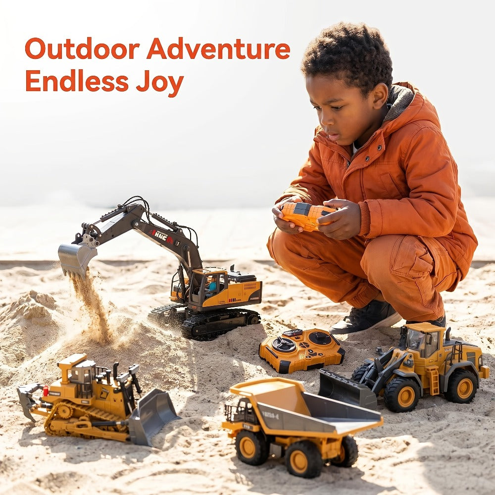 RC Engineering Vehicle Set 11-Channel 2.4GHz – 2-in-1 & 4-in-1 Remote Control Excavator Dump Truck Bulldozer, Alloy Construction Toy Fleet for Kids Boys, Best Birthday Christmas Gift Ages 6+