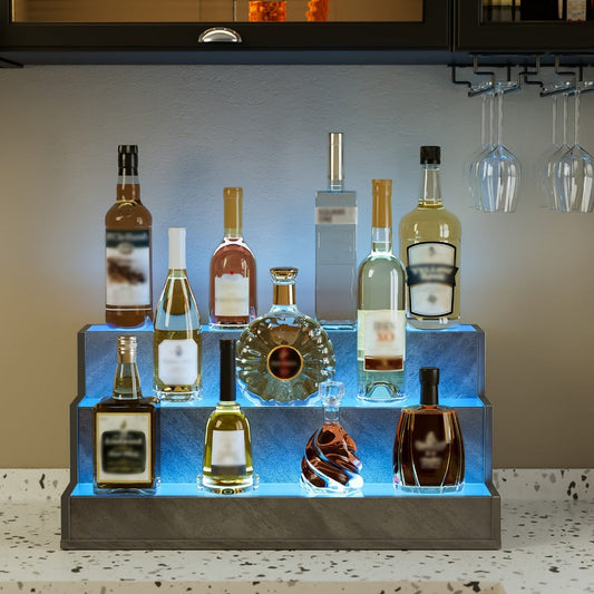 Bar Shelf, 3-Step Illuminated Liquor Shelf 24-Inch LED Bar Bottle Display Unit shown in the main product view