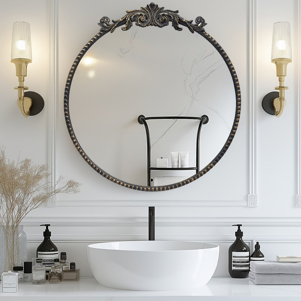 Wall Mirror, 24 Inch Vintage Round Baroque Style Metal Frame, Decorative Circle Mirror shown in the main product view
