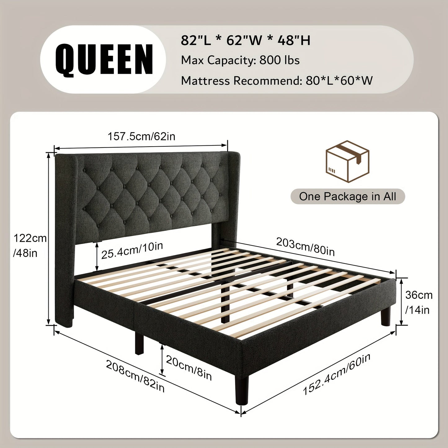 Bed Frame shown in the Dark Gray, Queen option
