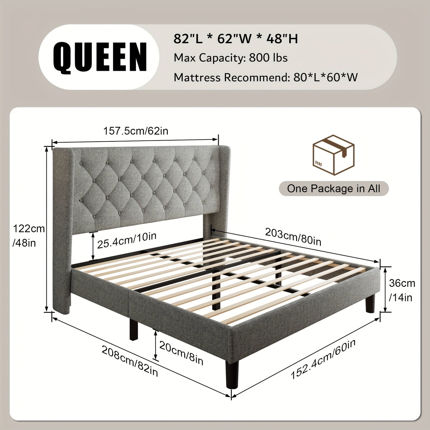Bed Frame shown in the Light Grey, Queen option