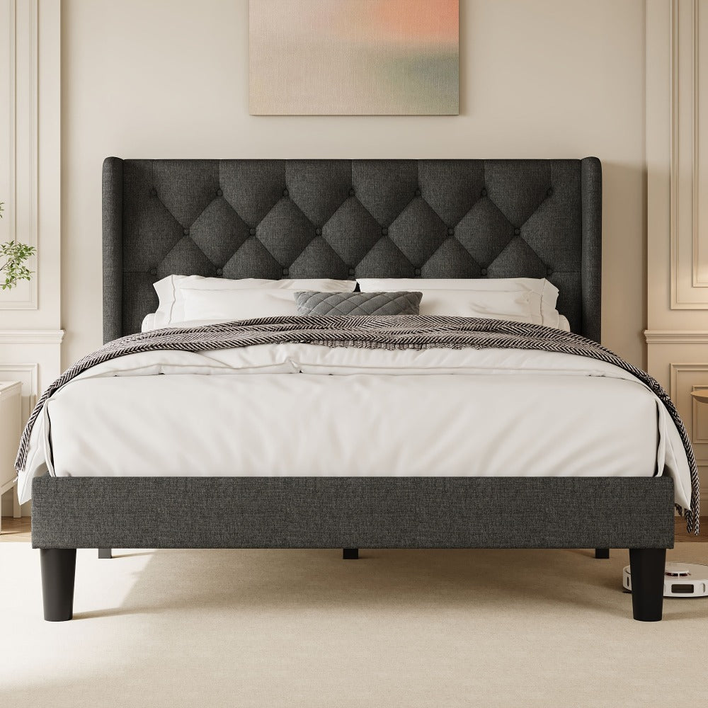 Bed Frame, Modern Platform with 24-Inch Button-Tufted Headboard - Solid Wood Slats shown in the main product view