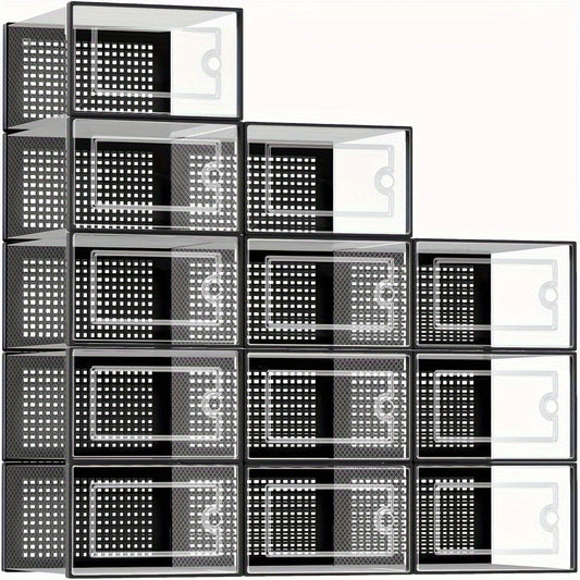 Shoe Organizer, Stackable Boxes Clear Plastic with Lid 12/24 Pack, Interlocking shown in the main product view