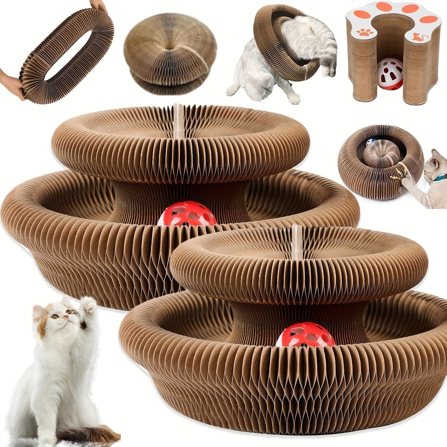 Cat Scratching Board Foldable Organ Design with Circular Ball Track & Bell Balls - Wear-Resistant Thickened Cardboard Scratcher, Interactive Indoor Cat Toy for All Ages
