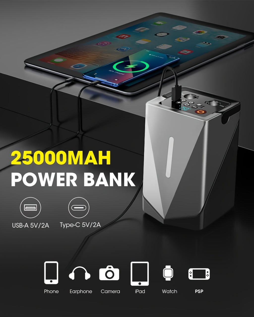Jump Starter with Air Compressor, 5in 1 Function Jump Box 25000mAh Peak 150PSI Jump Starter Battery Pack with Digital Tire Inflator, Car Battery Charger Portable for 10.L Gas Or 2.38gal Diesel QC18W Fast Charging USB Output, LED Emergency Lighting