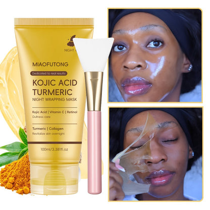Kojic Acid Turmeric Face Mask with Vitamin C — Brightening Peeling Mask for Dark Spots, Deep Cleansing, Oil Control & Glowing Skin, Alcohol-Free, All Skin Types, 100ml with Brush